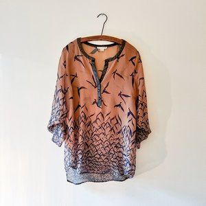 Sea Birds Abstract Caramel and Navy Tunic Leather Sheer Long Sleeve Fall Top
